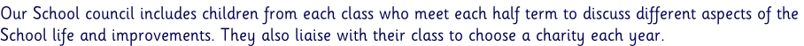 Our School council includes children from each class who meet each half term to discuss different aspects of the  School life and improvements. They also liaise with their class to choose a charity each year.